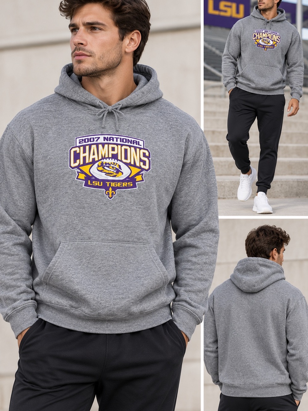 LSU Tigers 2007 National Champions Russell Athletic Gray Hoodie Men’s 2XT